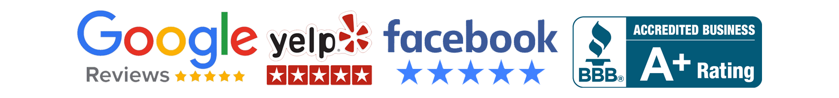 Collage of brand logos (Google, Yelp, Facebook) with star ratings and a BBB A+ Rating badge indicating reviews and trust signals.