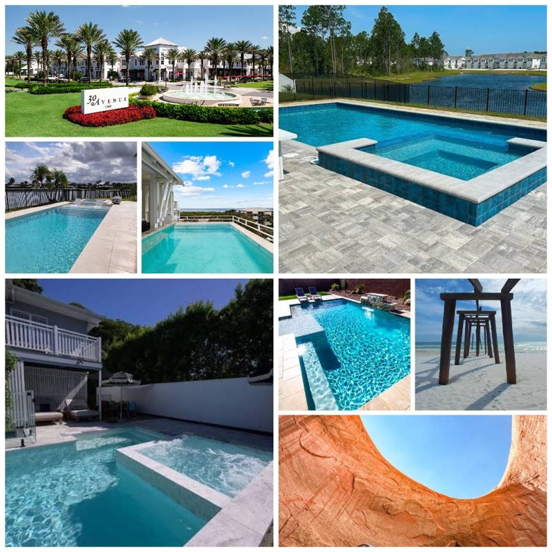 Collage of a luxury resort with multiple blue pools, pool decks, palm trees, and a beach view in the background.